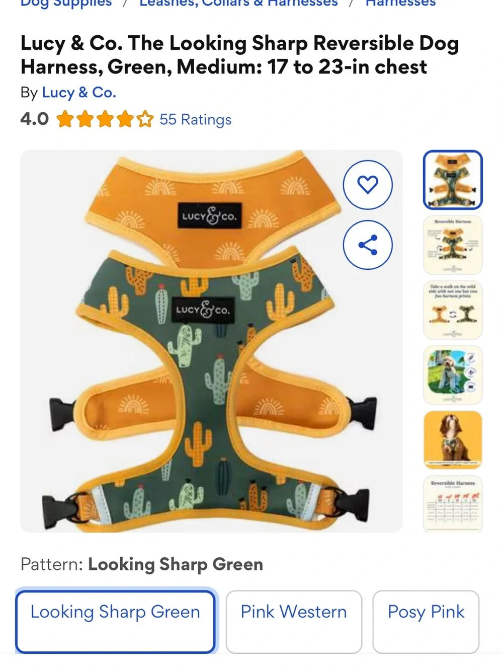 Lucy & Co Cactus Print Yellow Trim Harness. Size medium.